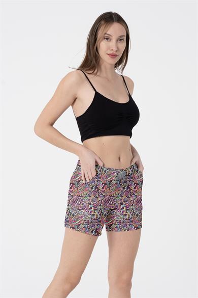 Paisley Desenli Renkli İki Cepli Kısa Kadın Deniz ve Havuz Şortu
