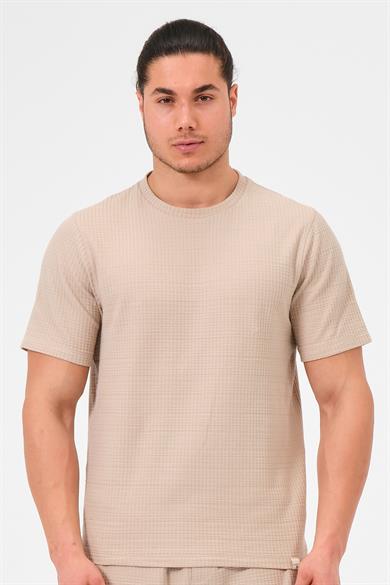 Erkek Bej %100 Pamuk Oversize Bisiklet Yaka Basic Tişört 