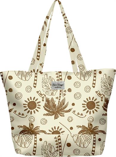 Palmiye Desenli Krem Rengi Parçalı Kendinden Saplı Astarlı Kadın Plaj Çantası 