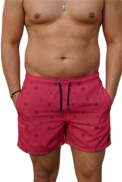 Marin Kırmızı Desenli Büyük Beden Standart Boy Erkek Mayo Deniz Şortu