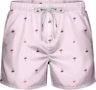 Pembe Beyaz Çizgili Renkli Palmiye Desenli Hızlı Kuruyan Esnek Kumaş Yumuşak Astarlı Üç Cepli Standart Boy Erkek Mayo Deniz Şortu 