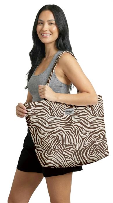 Zebra Desenli Kahverengi Krem Parçalı Kendinden Saplı Astarlı Kadın Plaj Çantası 