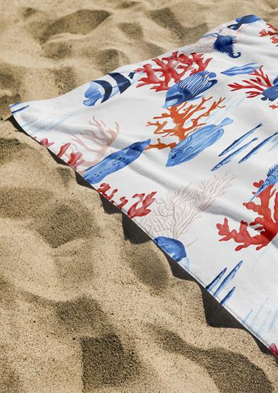 Balık ve Mercan Desenli Renkli Yüksek Su Emici 70x150cm Plaj Havlusu