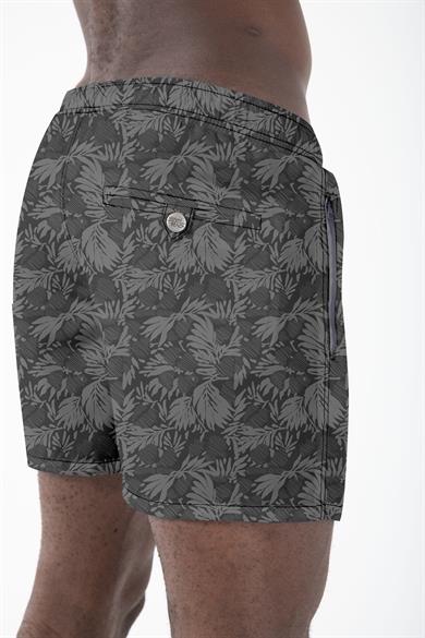 Siyah Yaprak Desenli Standart Boy Erkek Deniz ve Havuz Şortu 
