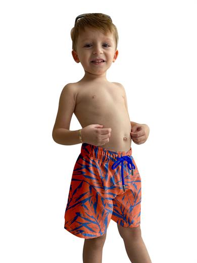Yaprak Desenli Turuncu Standart Boy Erkek Çocuk Mayo Deniz Şortu 