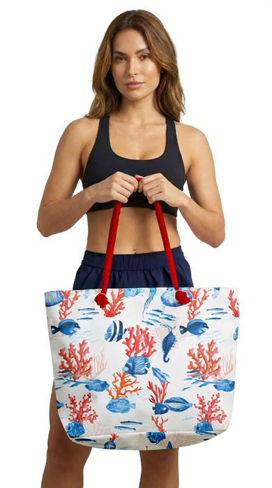 Balık ve Mercan Desenli Beyaz Geniş Hacimli Astarlı Kadın Plaj Çantası