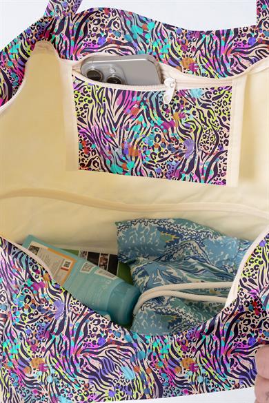 Renkli Zebra Desenli , Astarlı Kendinden Saplı, Geniş Hacimli Plaj Çantası