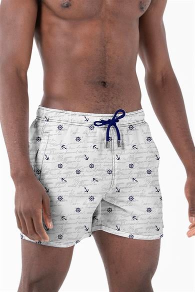 Marin Çapa Desenli Beyaz Standart Boy Erkek Mayo Deniz ve Havuz Şortu