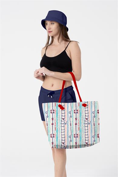 Marin Çapa Desenli Kalın Malzemeli,Geniş Hacimli Kadın Plaj Çantası