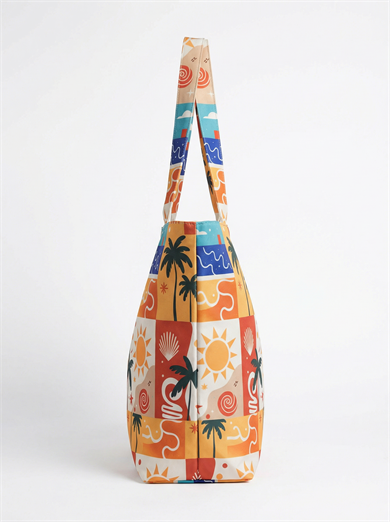 Patchwork Desenli Parçalı Kendinden Saplı Astarlı Kadın Plaj Çantası 