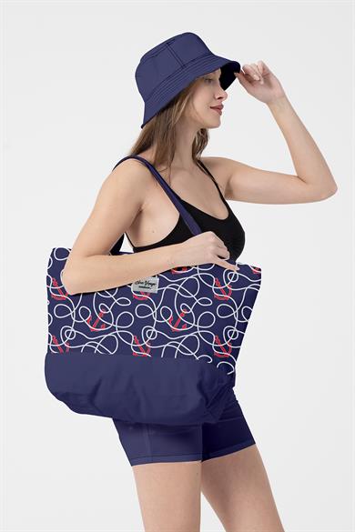 Lacivert Marin Desenli , Astarlı Kendinden Saplı, Geniş Hacimli Plaj Çantası
