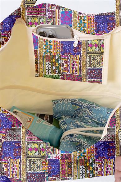 Etnik Desenli , Astarlı Kendinden Saplı, Geniş Hacimli Plaj Çantası