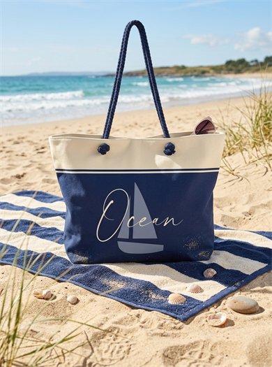 Ocean Sloganlı Lacivert Krem Geniş Hacimli Astarlı Kadın Plaj Çantası 