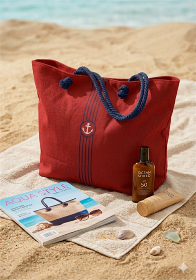 Marin Çapa ve Çizgi Nakışlı Astarlı Geniş Hacimli Kırmızı Kadın Plaj Çantası 