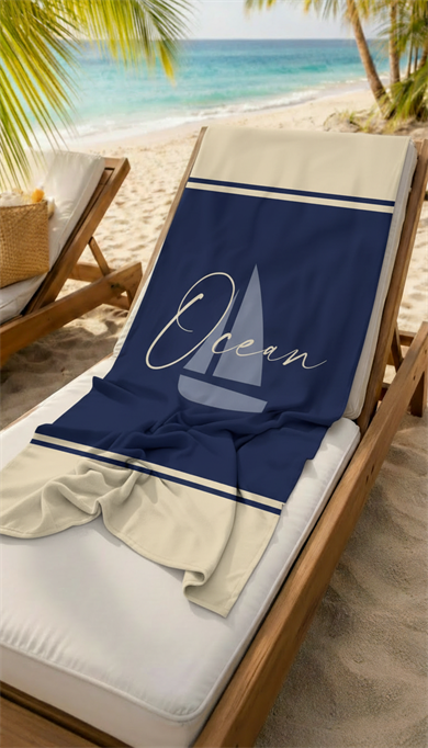 Ocen Sloganlı Lacivert Krem Yüksek Su Emicili 70x150cm Plaj Havlusu