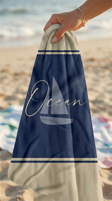 Ocen Sloganlı Lacivert Krem Yüksek Su Emicili 70x150cm Plaj Havlusu