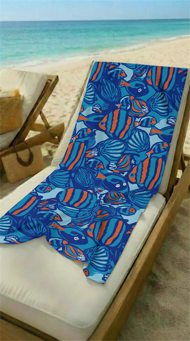 Büyük Balık Desenli Saks Mavi Yüksek Su Emici 70x150cm Plaj Havlusu