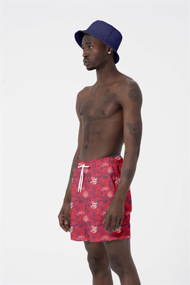 Hawaii Beach Kırmızı Marin Baskılı Esnek kumaş Standart Boy Erkek Deniz Şortu