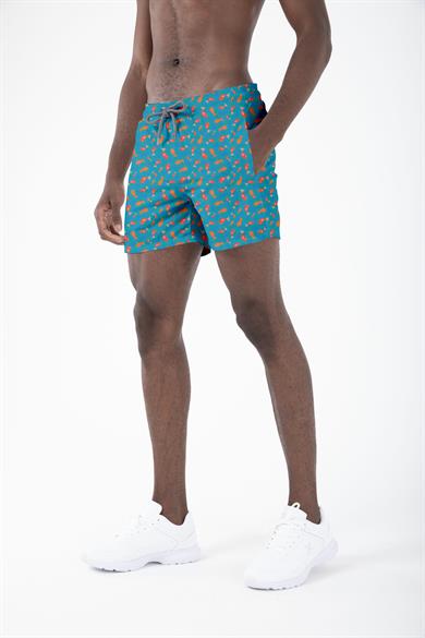 Yeşil Balık Desenli Standart Boy Erkek Deniz ve Havuz Şortu 