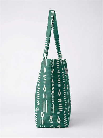 Etnik Desenli Yeşil Parçalı Kendinden Saplı Astarlı Kadın Plaj Çantası