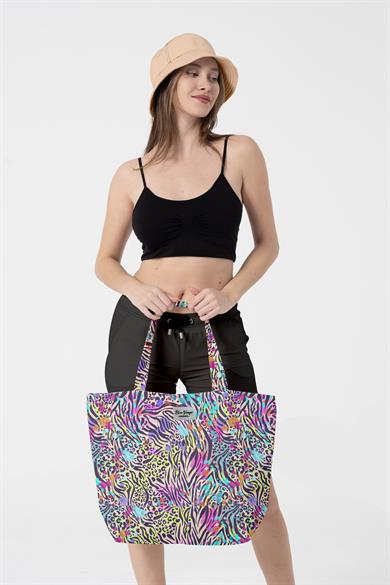 Renkli Zebra Desenli , Astarlı Kendinden Saplı, Geniş Hacimli Plaj Çantası