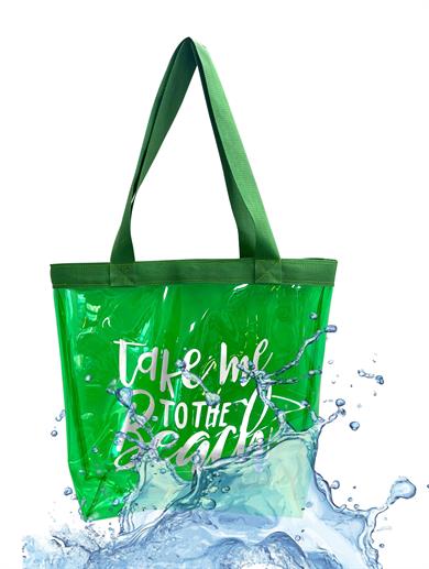 Kadın Take me To The Beach Baskılı Şeffaf Yeşil PVC Plaj, Tatil , Kozmetik Çanta 42x37CM