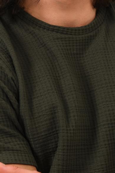 Erkek Haki %100 Pamuk Oversize Bisiklet Yaka Basic Tişört 