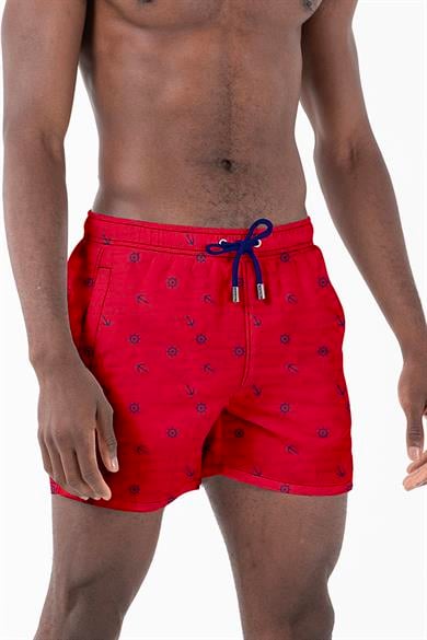Marin Çapa Desenli Kırmızı Standart Boy Erkek Mayo Deniz ve Havuz Şortu