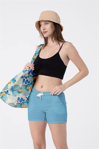 Mavi Balık Desenli , Astarlı Kendinden Saplı, Geniş Hacimli Plaj Çantası