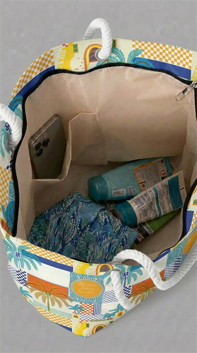 Tropikal Patchwork Desenli Geniş Hacimli Astarlı Kadın Plaj Çantası