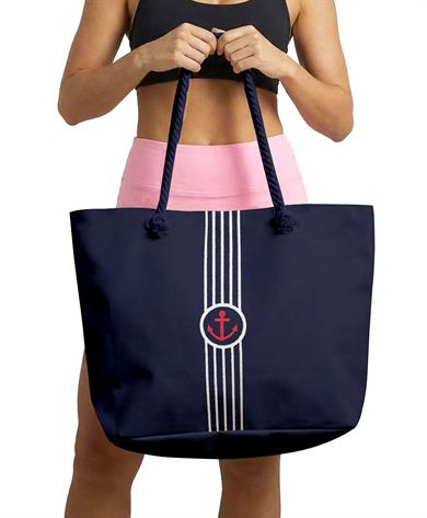 Marin Çapa ve Çizgi Nakışlı Astarlı Geniş Hacimli Lacivert Kadın Plaj Çantası 