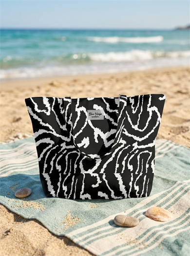 Soyut Desenli Siyah Beyaz Parçalı Kendinden Saplı Astarlı Kadın Plaj Çantası 