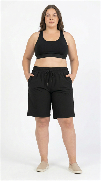 Siyah Büyük Beden Uzun Boy Yan Cepli Kadın Mayo Deniz Şortu 