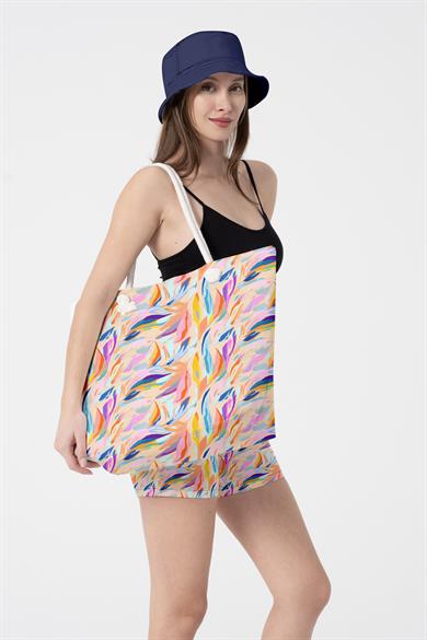 Renkli Desenli Kalın Malzemeli,Geniş Hacimli Kadın Plaj Çantası