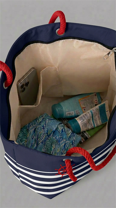 Çizgi ve Dümen Desenli Lacivert Geniş Hacimli Astarlı Kadın Plaj Çantası