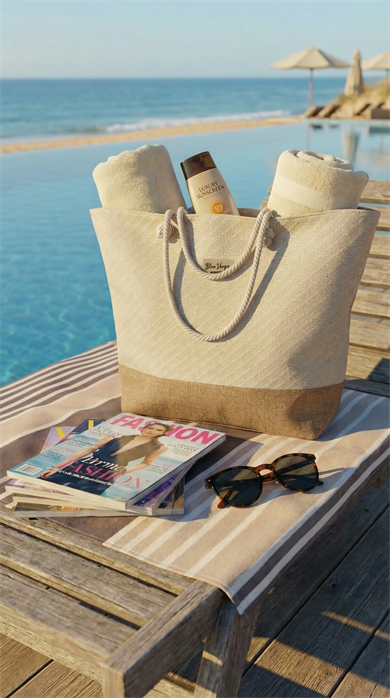 Keten Dokulu Jüt Parçalı Krem Rengi Astarlı Geniş Hacimli Kadın Plaj Çantası