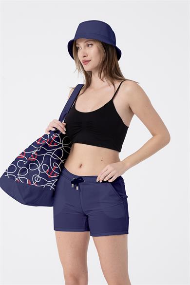 Lacivert Marin Desenli , Astarlı Kendinden Saplı, Geniş Hacimli Plaj Çantası