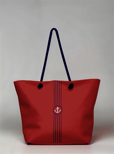 Marin Çapa ve Çizgi Nakışlı Astarlı Geniş Hacimli Kırmızı Kadın Plaj Çantası 