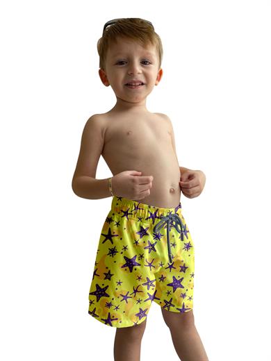 Deniz Yıldızı Desenli Sarı Standart Boy Erkek Çocuk Mayo Deniz Şortu 