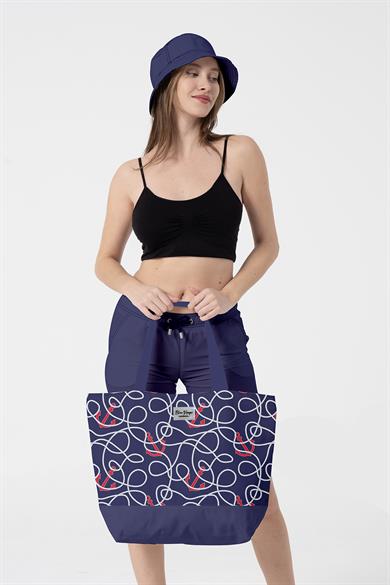 Lacivert Marin Desenli , Astarlı Kendinden Saplı, Geniş Hacimli Plaj Çantası
