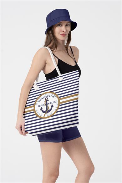 Marin Çapa Desenli Kalın Malzemeli,Geniş Hacimli Kadın Plaj Çantası