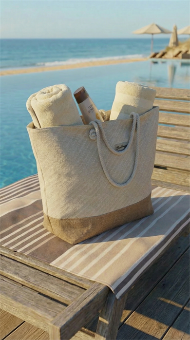 Keten Dokulu Jüt Parçalı Krem Rengi Astarlı Geniş Hacimli Kadın Plaj Çantası