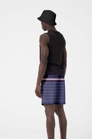 Lacivert Çizgi Desenli Uzun Boy Erkek Deniz ve Havuz Şortu 