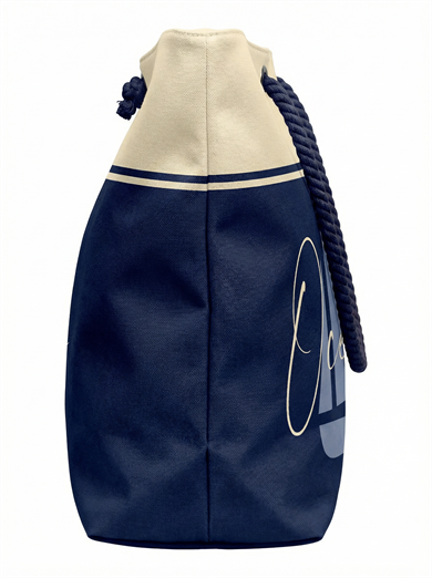 Ocean Sloganlı Lacivert Krem Geniş Hacimli Astarlı Kadın Plaj Çantası 