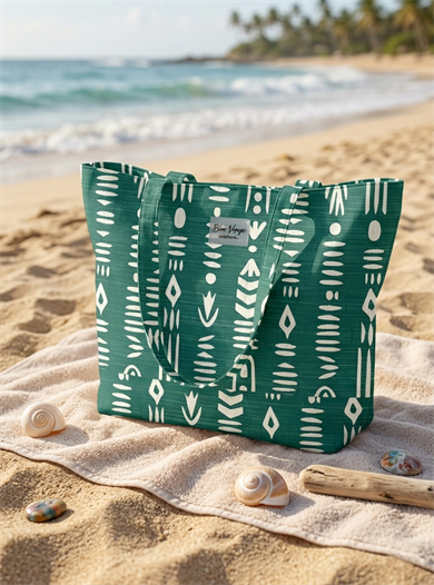 Etnik Desenli Yeşil Parçalı Kendinden Saplı Astarlı Kadın Plaj Çantası