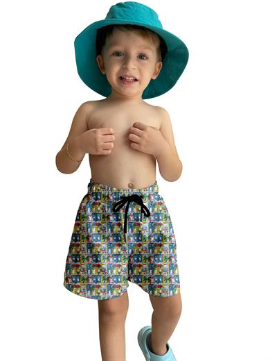 Renkli Desenli Standart Boy Erkek Çocuk Mayo Deniz Şortu 