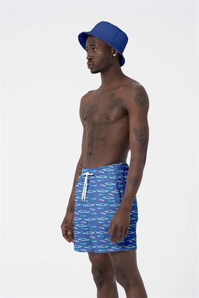 Hawaii Beach Mavi Balık Baskılı Esnek kumaş Standart Boy Erkek Deniz Şortu