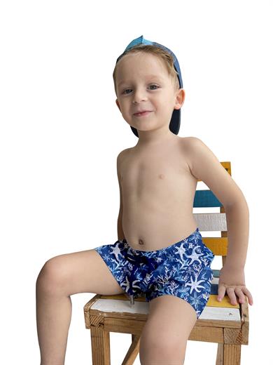 Lacivert Deniz Yıldızı Desenli Standart Boy Erkek Çocuk Mayo Deniz Şortu 