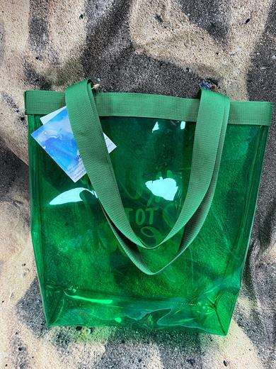 Kadın Take me To The Beach Baskılı Şeffaf Yeşil PVC Plaj, Tatil , Kozmetik Çanta 42x37CM