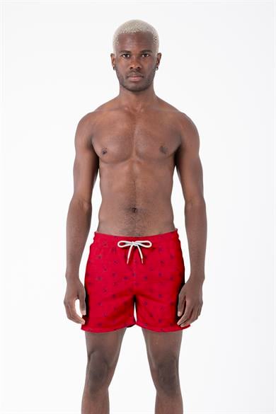 Marin Çapa Desenli Kırmızı Standart Boy Erkek Mayo Deniz ve Havuz Şortu